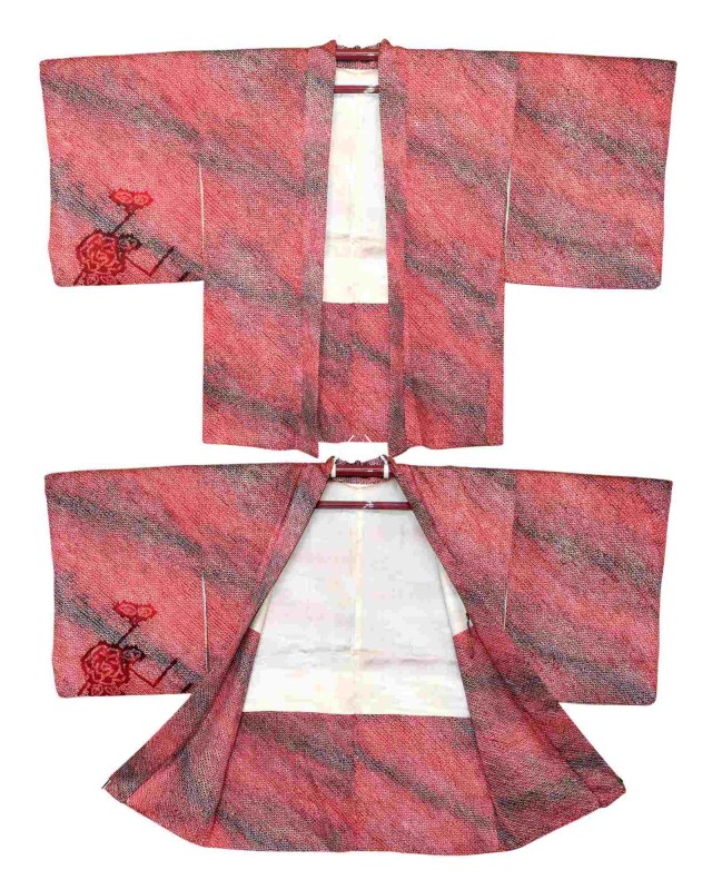 Haori giacca kimono seta rosso motivo kanoko Shibori