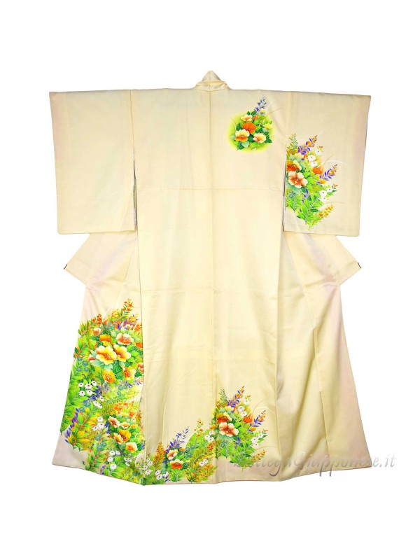 Houmongi kimono seta fiori gialli e bianchi