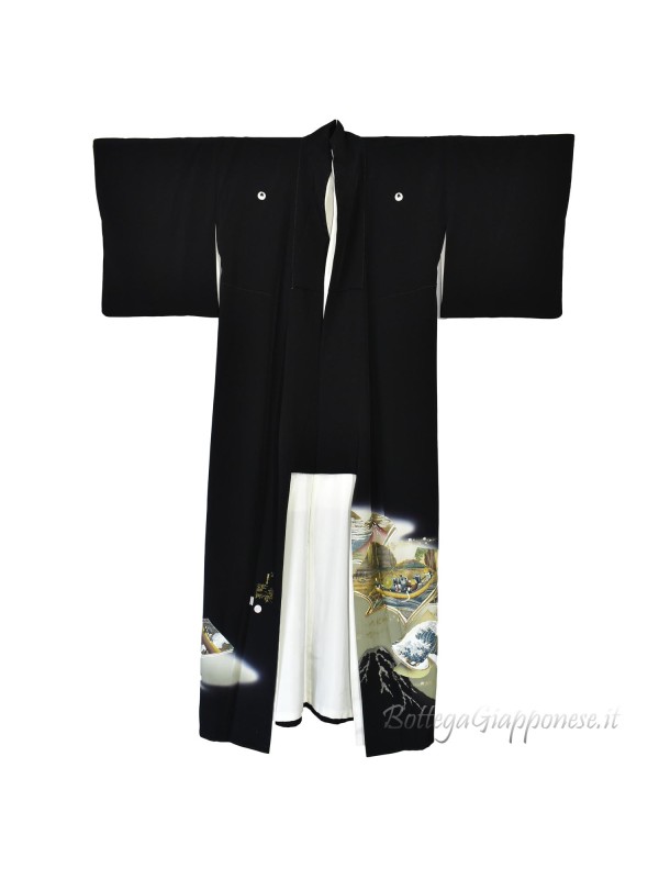 Kurotomesode kimono seta ukiyo-e