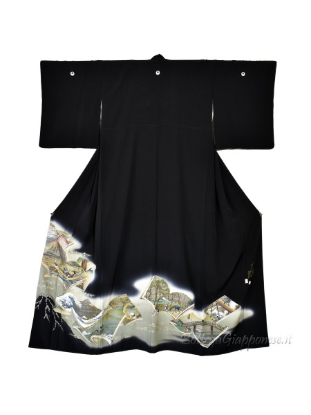 Kurotomesode kimono seta ukiyo-e
