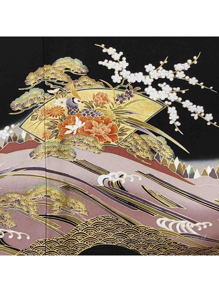 Kurotomesode kimono seta natura panorama