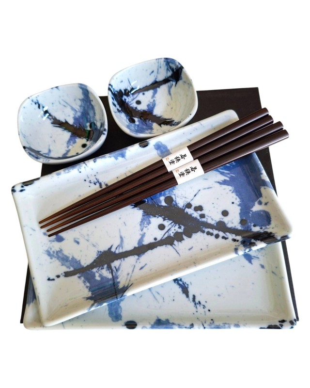 Box Sushi set x2 Mino Yaki Blue Splash con Bacchette