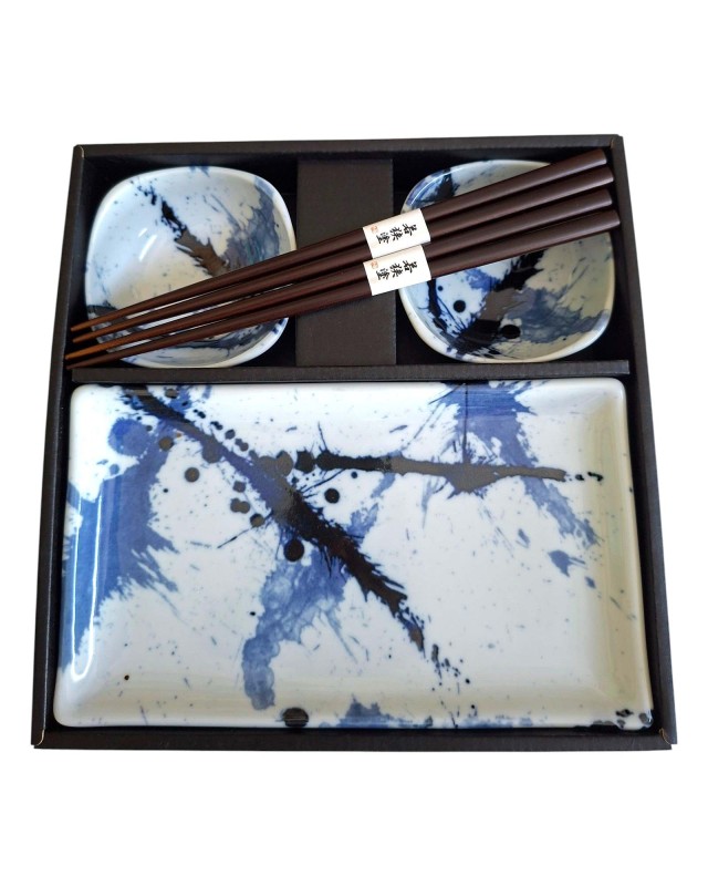 Box Sushi set x2 Mino Yaki Blue Splash con Bacchette