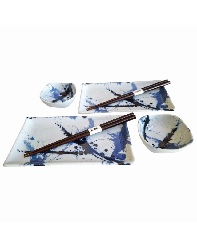 Box Sushi set x2 Mino Yaki Blue Splash con Bacchette