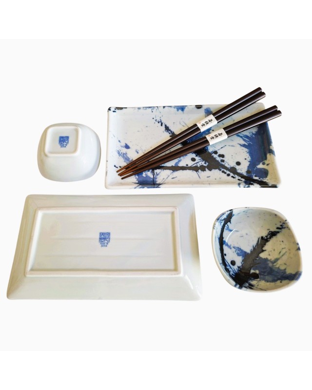 Box Sushi set x2 Mino Yaki Blue Splash con Bacchette