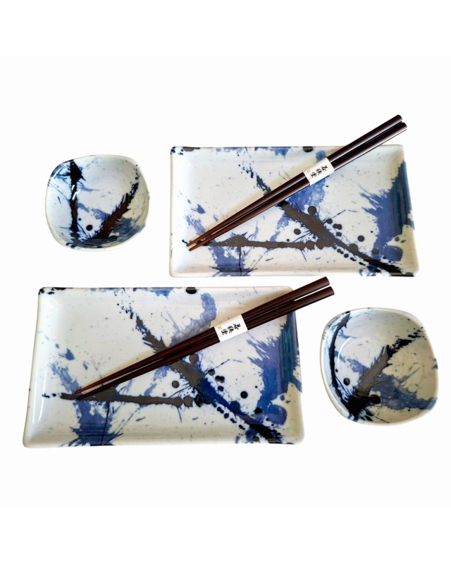 Box Sushi set x2 Mino Yaki Blue Splash con Bacchette