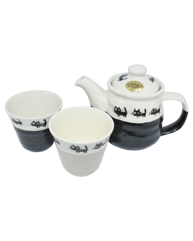 Kyusu Set da Tè Giapponese con Gatti Neri Teiera con Filtro e 2 Tazze