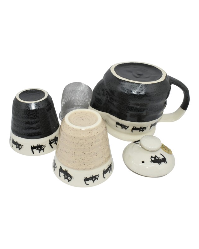Kyusu Set da Tè Giapponese con Gatti Neri Teiera con Filtro e 2 Tazze