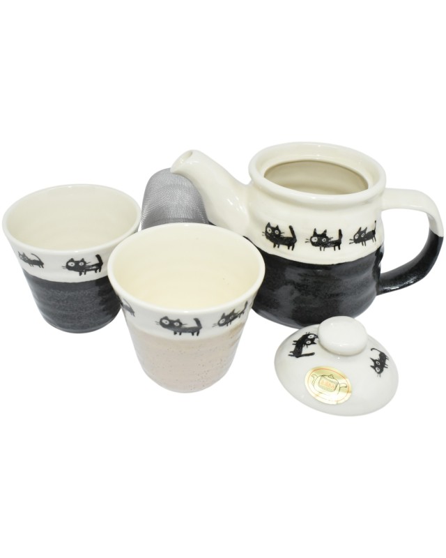 Kyusu Set da Tè Giapponese con Gatti Neri Teiera con Filtro e 2 Tazze