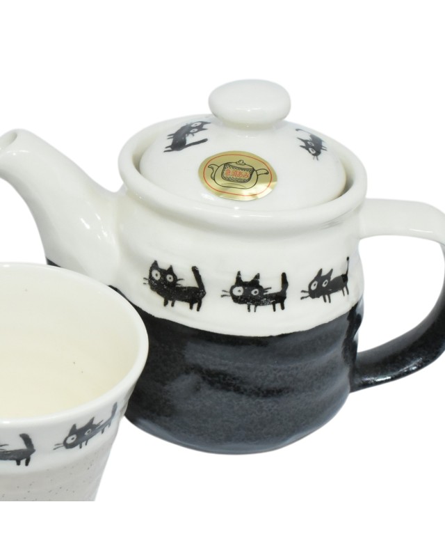 Kyusu Set da Tè Giapponese con Gatti Neri Teiera con Filtro e 2 Tazze