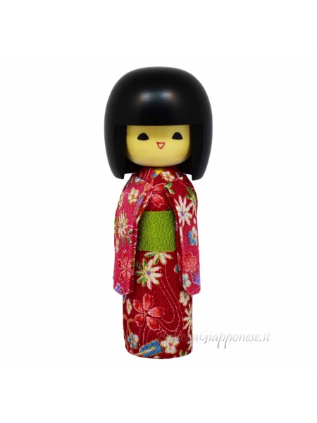 Kokeshi sorriso bambola con furisode rosso