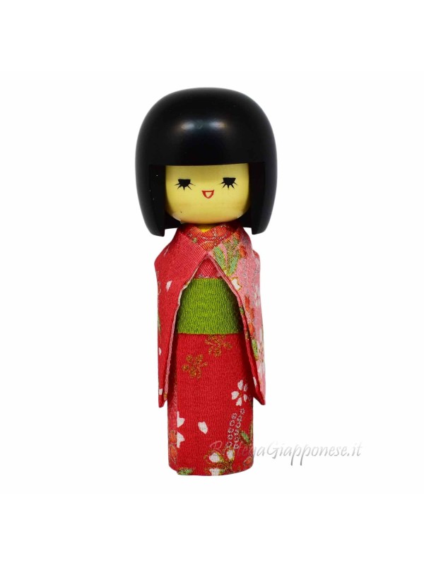 Kokeshi sorriso bambola con furisode rosa/rosso